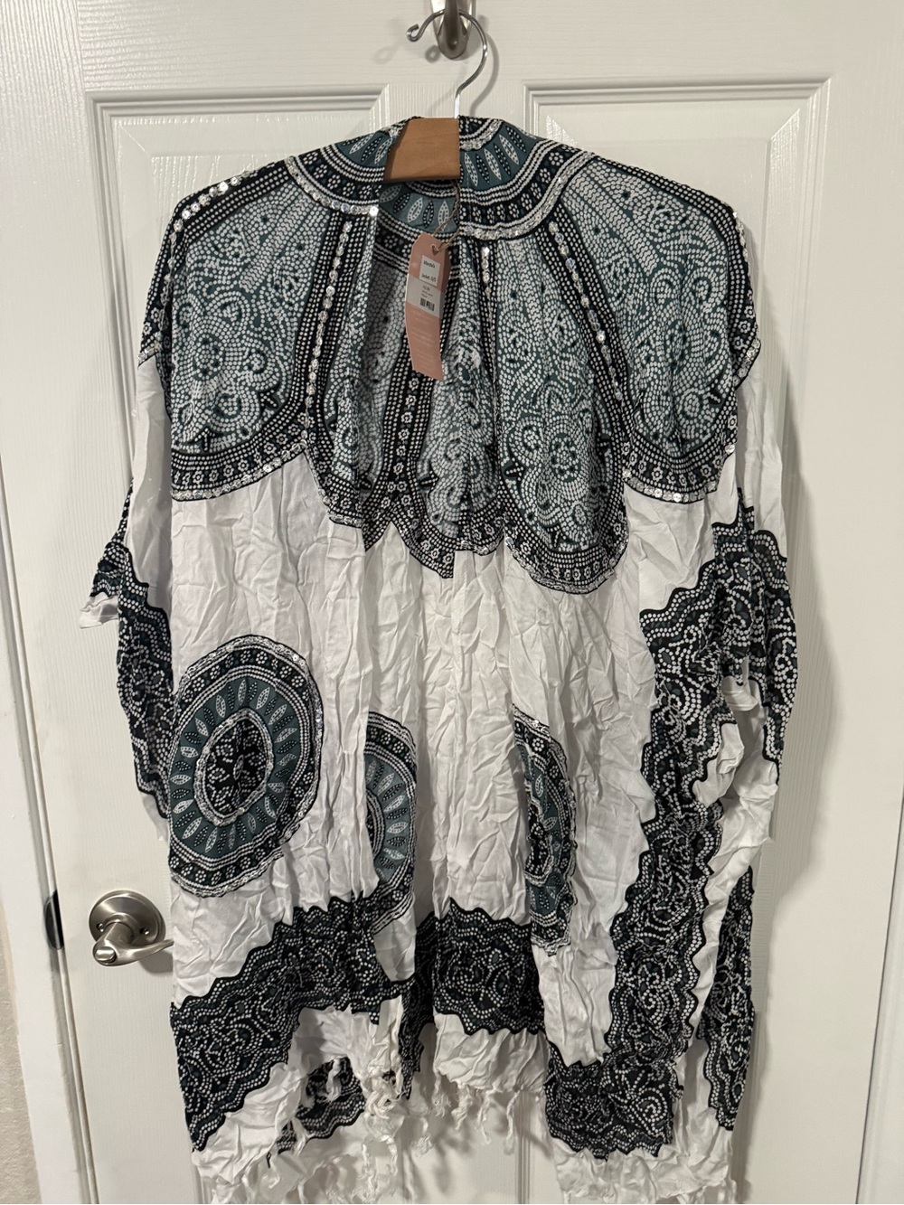 Women's White Tunic with Teal and Black Medallion Print